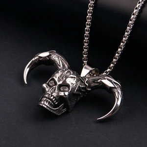 Hip hop gothic devil skull pendant in vintage stainless steel with box chain
