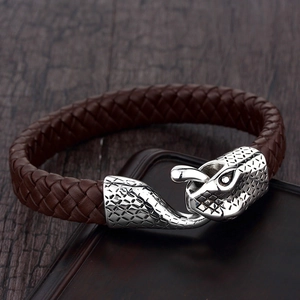Men's braided brown leather bracelet with vintage silver snake head metal clasp