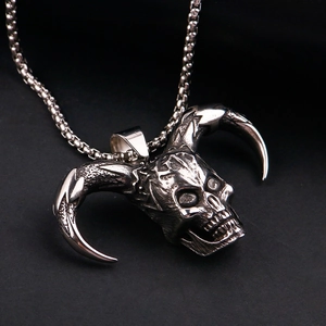 Gothic punk men's skull pendant with curved horns on a solid stainless steel round chain