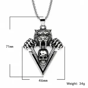 Colgante punk hombre tigre dientes de sable y calavera acero inoxidable, 71mm x 46mm