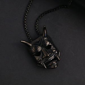 Japanese Hannya mask pendant in black titanium steel with chunky box chain necklace