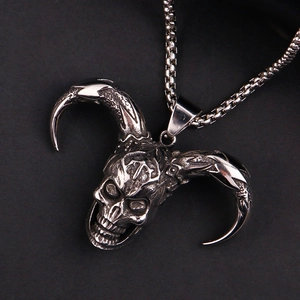 Gothic punk ram skull pendant necklace in vintage stainless steel with box chain
