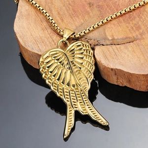 Golden stainless steel angel wing feather pendant necklace on rustic wood with round box chain