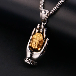Vintage Stainless Steel Buddha Head Palm Pendant Necklace Religious Tathagata Hand Hip Hop Jewelry For Men Gold Silver Tone