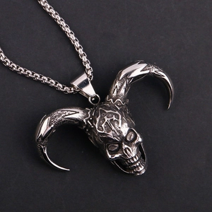 Gothic Punk Skull Pendant Necklace For Men Stainless Steel Devil Horns Satan Demon Hip Hop Jewelry With Box Chain