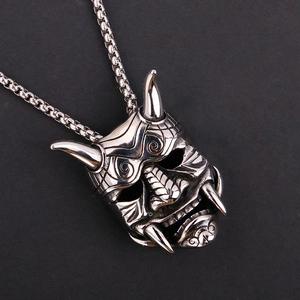 Gothic punk devil hannya mask pendant necklace in retro silver stainless steel with box chain