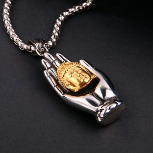 Vintage stainless steel Buddha pendant necklace with silver palm and gold head