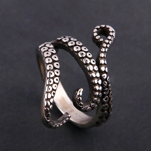 Vintage stainless steel octopus tentacle open ring with detailed suction cup texture