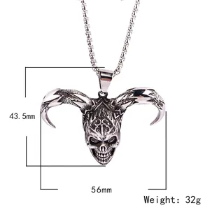 Men's gothic punk ram horn skull pendant necklace in vintage silver finish with measurements