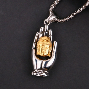 Retro stainless steel Buddha pendant with silver palm and golden head on box chain