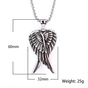 Vintage stainless steel angel wings heart pendant necklace with dimensions and weight info