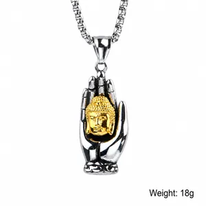 Retro stainless steel Buddha hand pendant necklace for men with 18g weight and 48mm height