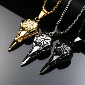 Viking Crow Skull Pendant Necklace For Men Titanium Steel Gothic Vegvisir Compass Bird Head Retro Punk Jewelry Necklace