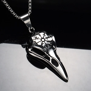 Polished stainless steel Viking raven skull pendant with Vegvisir symbol on a bead chain
