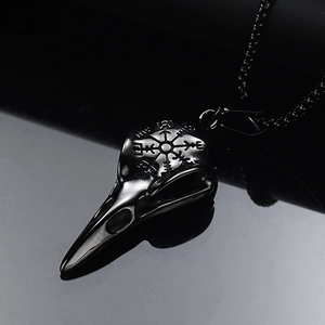 Men's vintage Viking crow skull pendant necklace with Vegvisir rune in black stainless steel