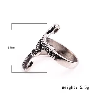 Vintage octopus tentacle open ring in silver stainless steel for men's punk style