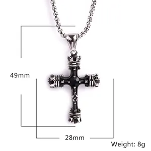 Collier croix vintage en acier inoxydable avec pierre noire et détail couronne, 49x28mm