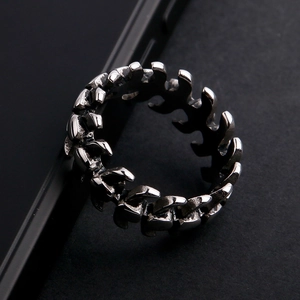 Vintage stainless steel fish bone punk ring for men with industrial brushed metal texture