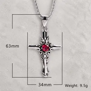 Gotische Edelstahl-Kreuzkette mit rotem Edelstein, Größe 63x34mm, Gewicht 9,5g
