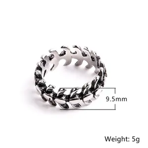 Vintage stainless steel fish bone ring for men in punk style, width 9.5mm and weight 5g