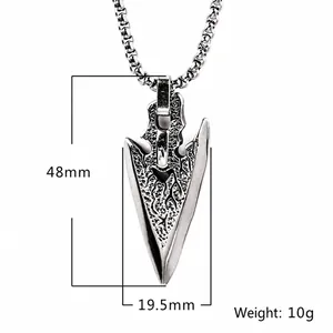 Mens vintage sword arrow pendant necklace in stainless steel, 48mm height, weight 10g