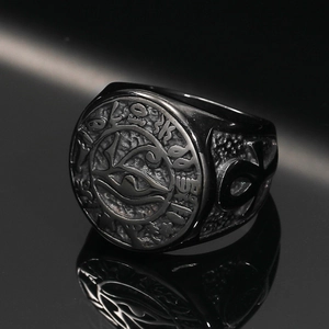 Vintage black titanium steel signet ring with Eye of Horus and Egyptian symbols