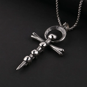 Gothische Ankh-Kreuz-Halskette aus Edelstahl mit Totenköpfen und Kugelkette in Silber