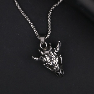 Detailopname van geitenschedel hanger met hexagram op roestvrijstalen ketting