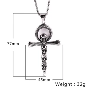 Gotischer Ankh-Kreuz Anhänger mit Totenkopf-Design in Silber, 77mm Höhe und 32g Gewicht