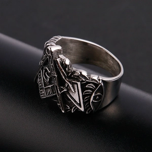 Retro Masonic knight ring in stainless steel with compass and square G symbol