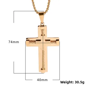 Golden double-layer stainless steel cross pendant necklace with steel wire texture