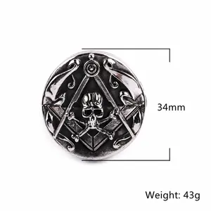 Anillo masónico vintage de acero inoxidable con calavera e insignia circular de 34mm