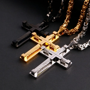 Industrial Titanium Steel Double Layer Cross Pendant Necklace Punk Men Steel Wire Inlay Gothic Jewelry Box Byzantine Chain