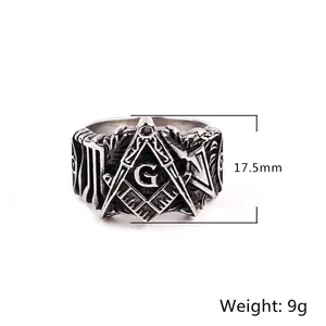 Vintage stainless steel Freemason Masonic ring with square and compass symbol for men
