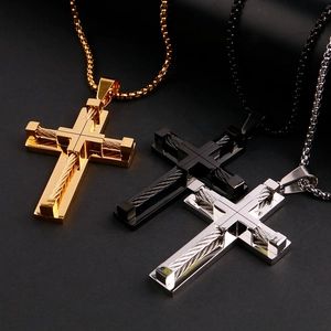Three-piece stainless steel cross pendant necklaces in gold, black, and silver finishes