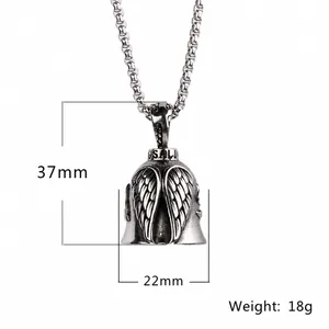 Men's stainless steel eagle wing bell pendant necklace with 37mm x 22mm dimensions