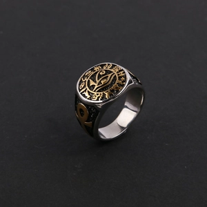 Vintage stainless steel Egyptian Eye of Horus and Ankh ring with gold and silver finish