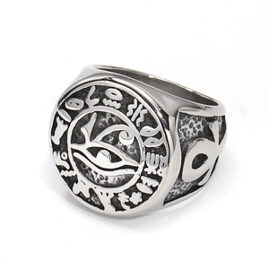 Vintage stainless steel ring featuring Eye of Horus and Egyptian hieroglyph symbols