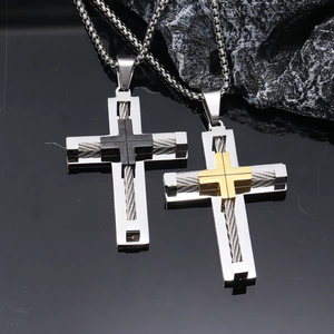 Industrial double-layer stainless steel cross pendant necklace with steel wire rope inlay