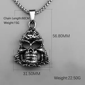 Pendentif tête de mort punk rétro en acier inoxydable argenté avec chaîne de 60cm