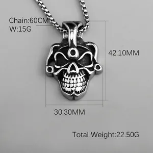 Gothic skull pendant necklace in silver stainless steel with 60cm box chain for men