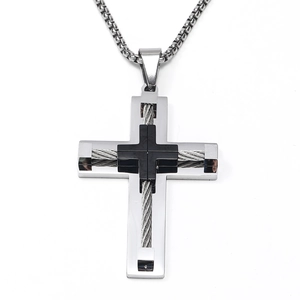 Double-layer stainless steel cross pendant necklace with woven wire and matte black cross