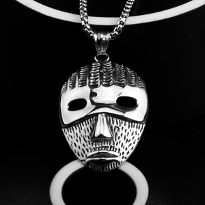 Tribal mask pendant necklace in silver stainless steel with box chain for men