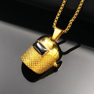 Industrial gold welding helmet pendant necklace with mesh texture and box chain