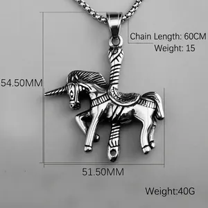 Unicorn carousel pendant necklace in stainless steel with 60cm box chain for men