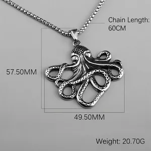 Vintage stainless steel octopus pendant necklace for men with engraved tentacles and box chain
