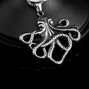 Retro stainless steel octopus pendant necklace with detailed tentacles and silver finish