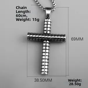 Solid stainless steel punk cross necklace with grid texture pendant and 60cm chain