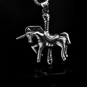 Unicorn Carousel Pendant Necklace Stainless Steel Hip Hop Punk Style Silver Tone Jewelry For Men Women Daily Wear Accessory
