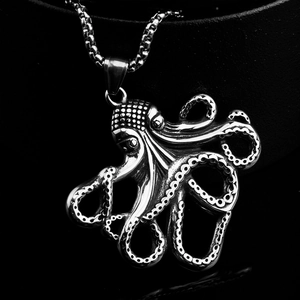 Retro punk style octopus pendant necklace with detailed tentacles and silver metal finish